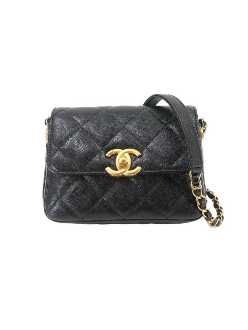 Chanel Quilted Mini Flap Chain Shoulder Bag Caviar Leather Black Gold